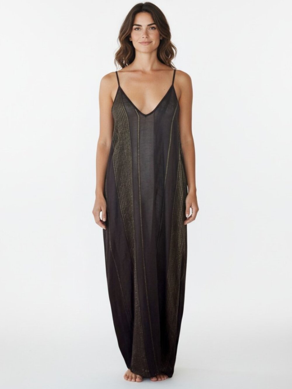 NWT Elan CLEO Maxi Dress Sheer Coverup Black Gold Metallic Striped Womens M